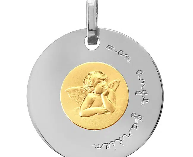 Médaille de baptême en or jaune et en or blanc