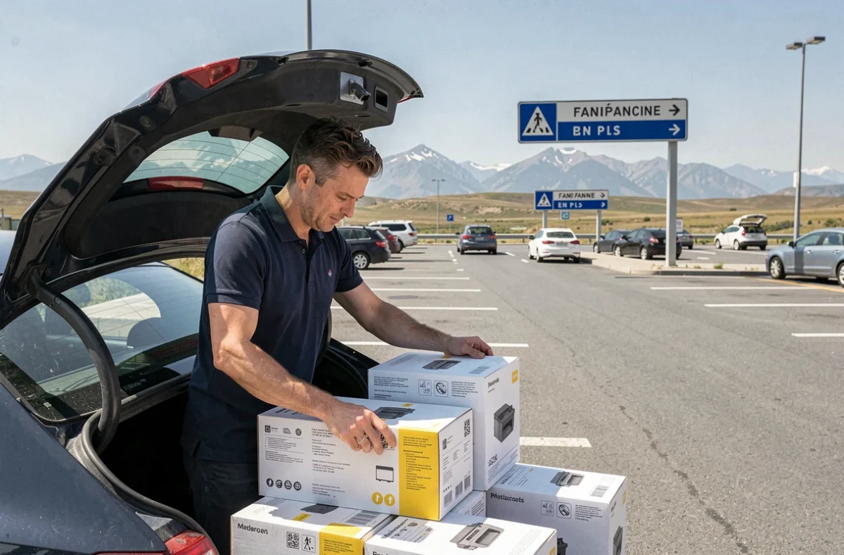 Homme rangeant des cartouches d'encre achetées en Espagne dans le coffre de sa voiture à la frontière