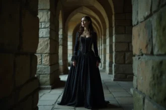 Femme en costume théâtral sombre dans un couloir de château médiéval évoquant les actes d'un jeu d'aventure Clair Obscur