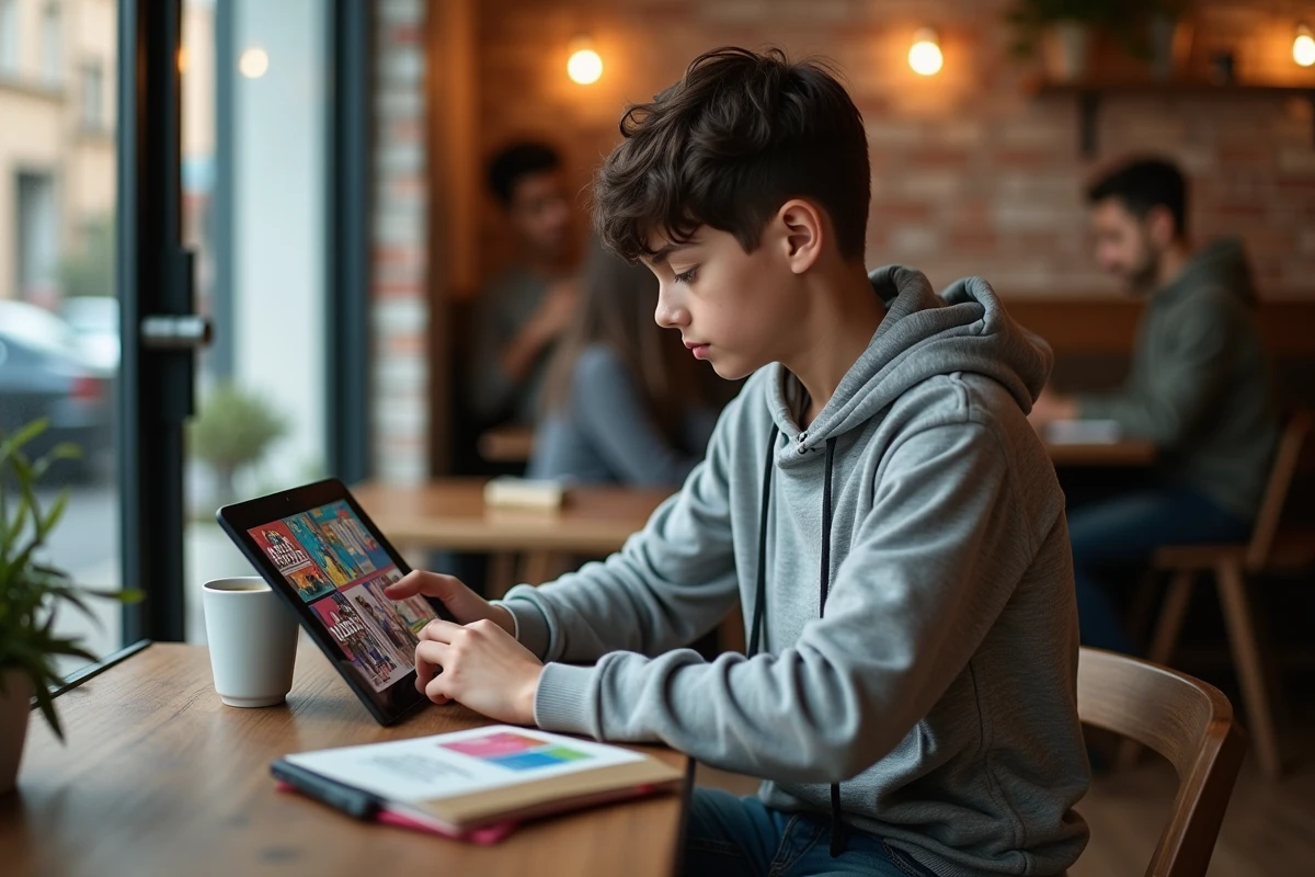 Adolescent regardant un manga sur tablette dans un café urbain