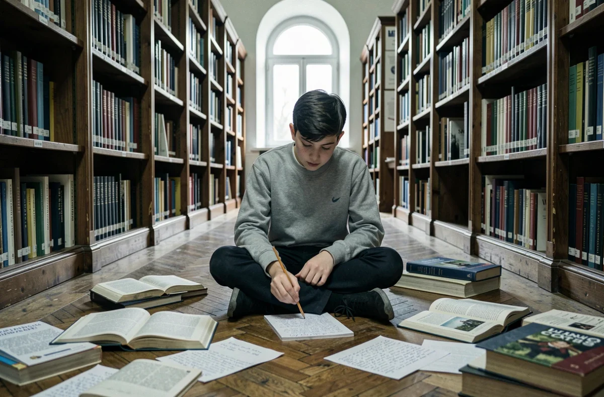 Adolescent prenant des notes sur le mythe du Minotaure dans une bibliothèque scolaire entouré de livres