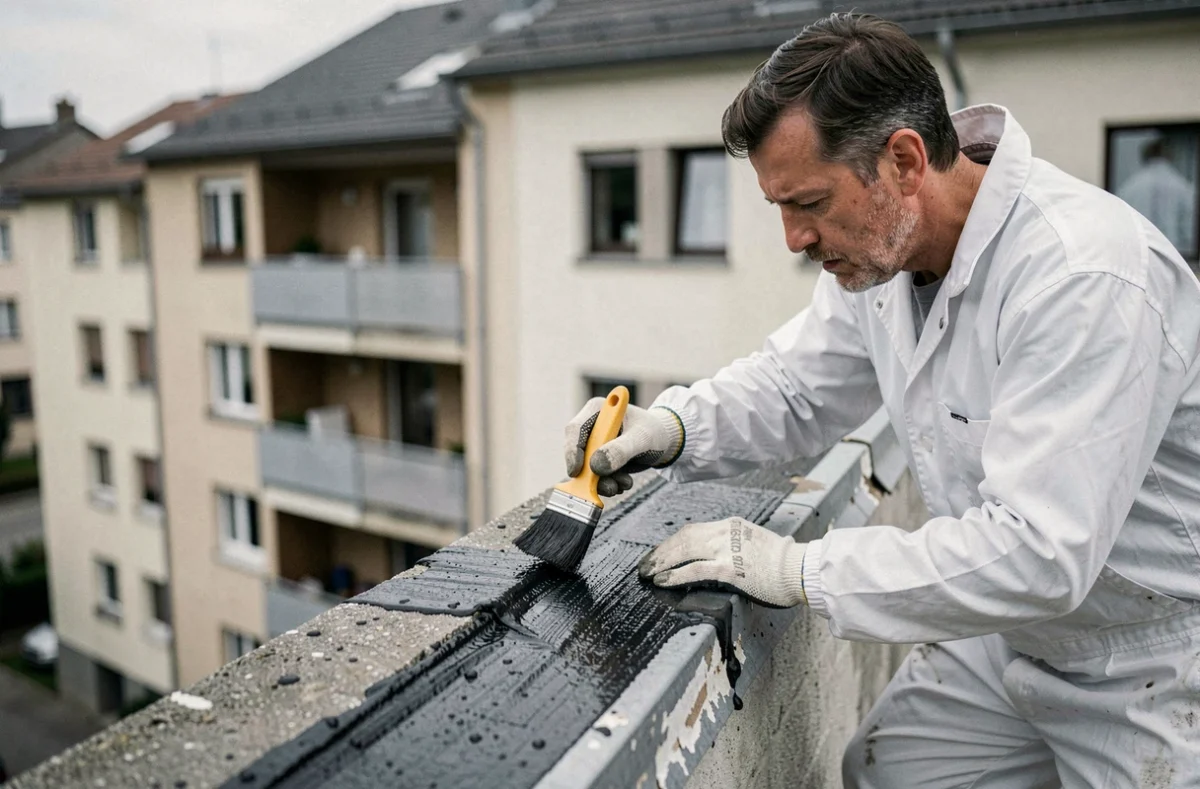 Spécialiste d'Alp'Étanchéité appliquant un enduit bitumineux sur le bord d'un toit d'immeuble en Isère