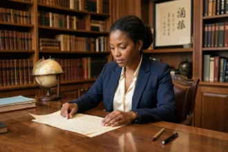Femme professionnelle d'origine nord-africaine consultant des archives dans un bureau académique chaleureux, illustrant une biographie et un parcours rare