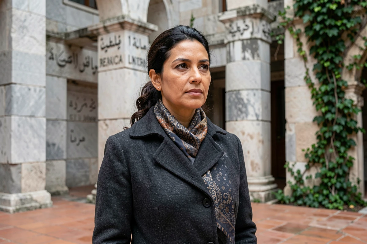 Femme élégante devant une façade universitaire historique méditerranéenne avec inscriptions arabes et latines, évoquant un parcours biographique rare