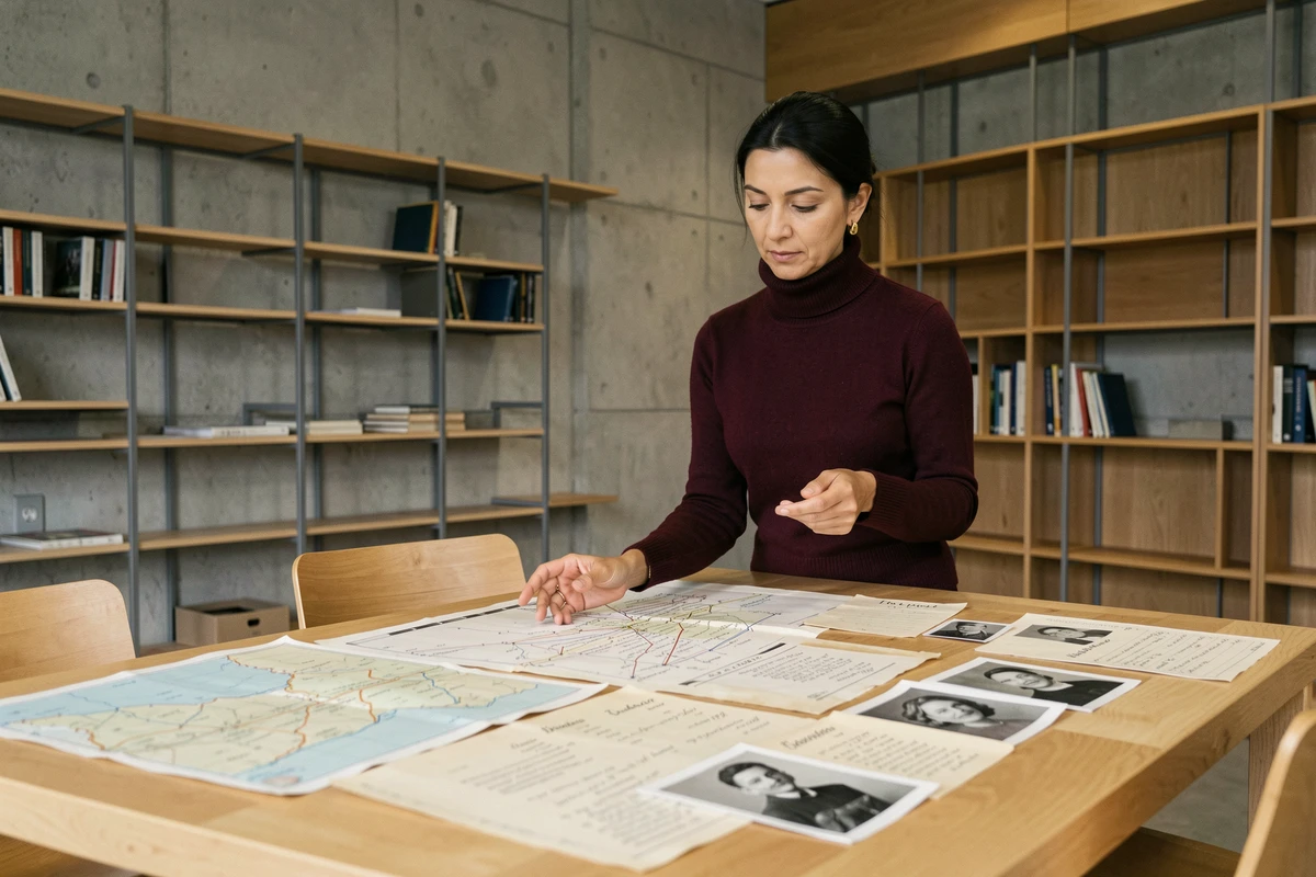 Femme chercheuse examinant des registres généalogiques et des cartes de patronymes dans une bibliothèque moderne, illustrant l'enquête sur le nom Amal Laoui