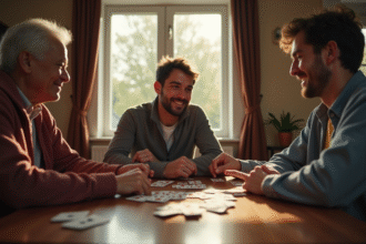 Trois amis jouent aux cartes autour d'une table en journée lumineuse