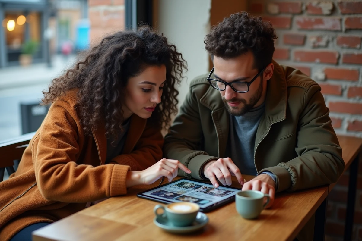 Deux amis adultes consultant des scans One Piece en version française sur une tablette dans un café moderne