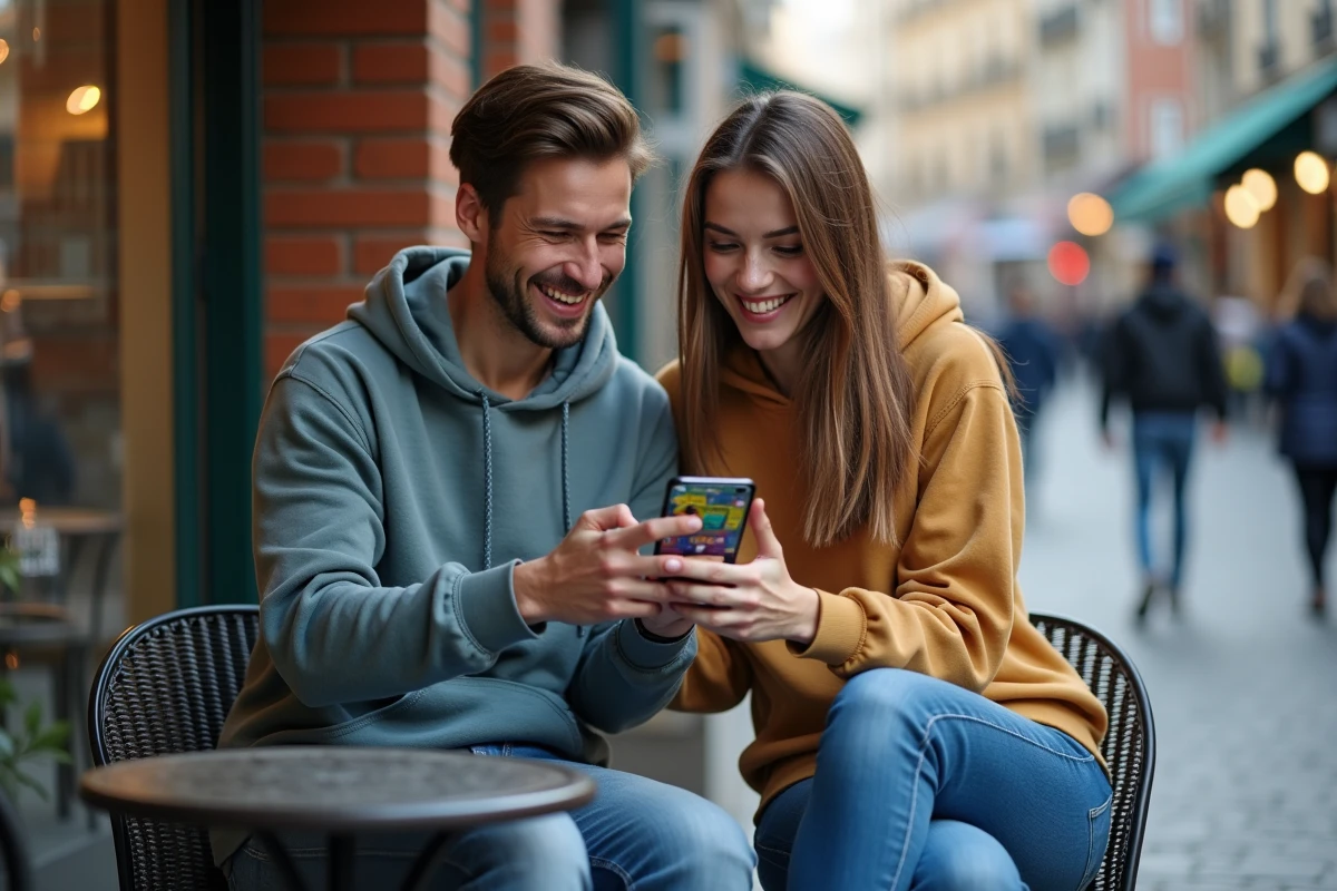 Deux amis partageant des liens Monopoly GO gratuits sur smartphone à la terrasse d'un café en ville