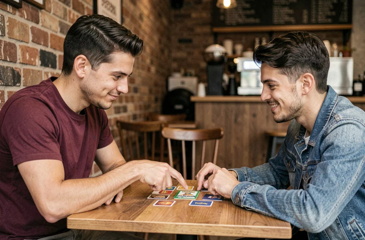 Deux joueurs en café discutant des erreurs de construction de deck Pokémon Pocket pendant une partie