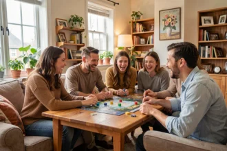 Amis réunis autour d'un jeu de société dans un salon