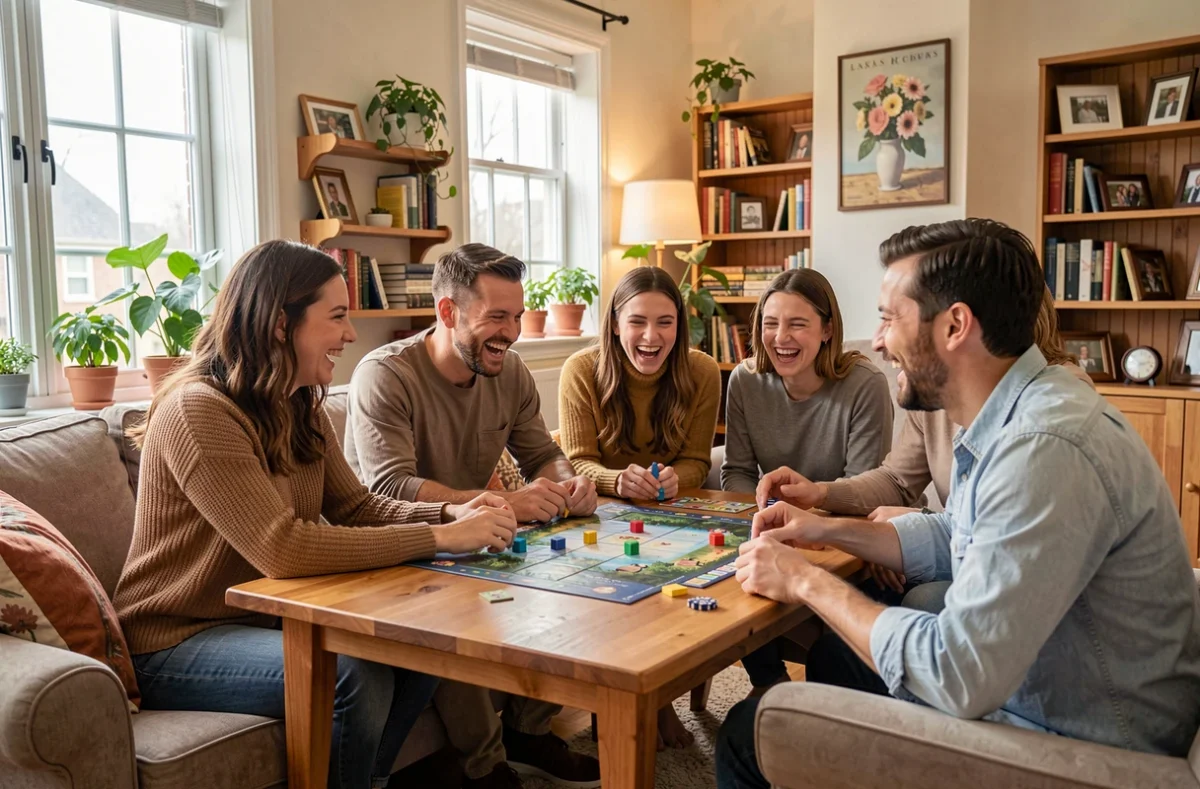 Amis réunis autour d'un jeu de société dans un salon