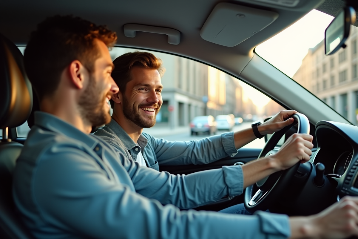 Jeune homme recevant instruction de conduite dans une voiture moderne