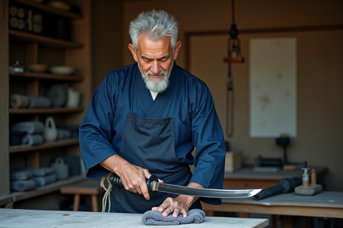 Artisan japonais expérimenté inspectant minutieusement la lame polie d'un katana dans un atelier traditionnel, révélant la ligne de trempe hamon caractéristique d'un sabre de qualité