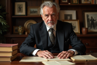 Artiste français âgé dans son bureau ancien avec documents financiers