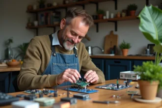Homme moyenâgeux assemble un prototype Arduino dans une cuisine chaleureuse