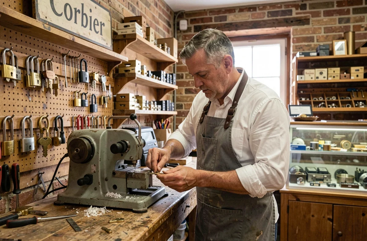Artisan de l'Atelier Corbier en train de dupliquer une clé sur une machine de coupe dans son atelier traditionnel