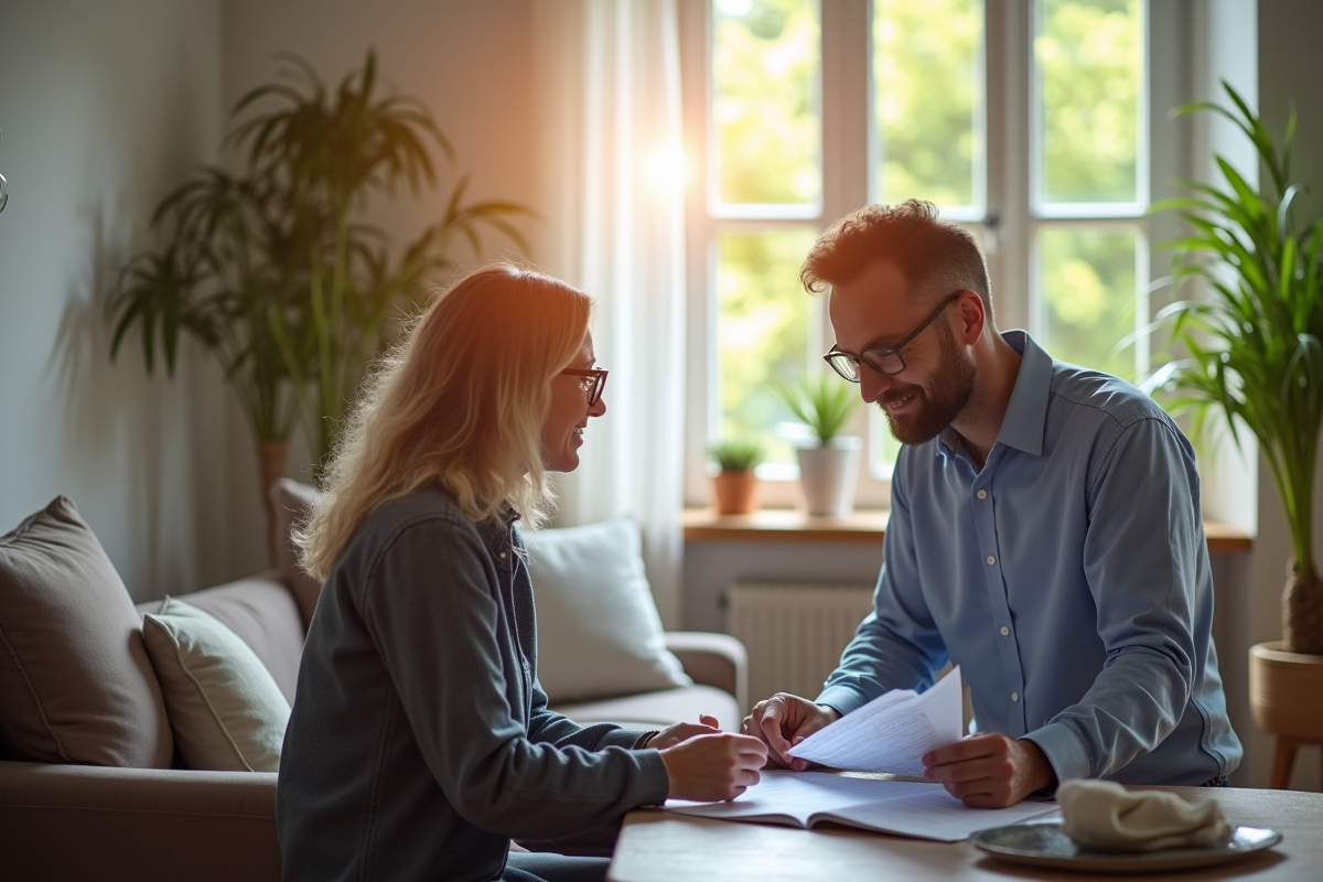 Auditeur energie discute avec un propriétaire dans un salon lumineux
