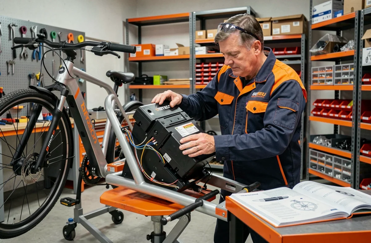 Technicien de BATTI'CYCLES installant une batterie dans un vélo cargo électrique dans un atelier spécialisé