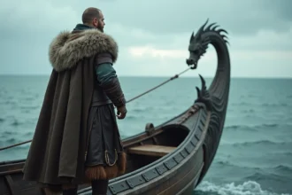 Guerrier viking en armure de cuir debout à la proue d'un drakkar naviguant sur une mer nordique grise