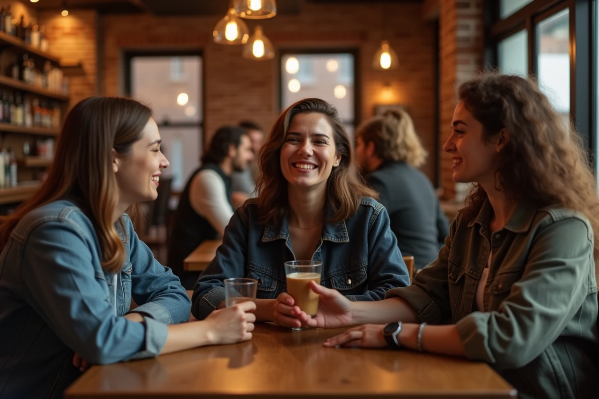 Groupe d'amis dans un bar réagissant différemment à une blague douteuse