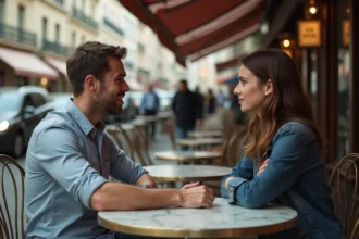 Homme faisant une blague déplacée à une femme mal à l'aise dans un café parisien