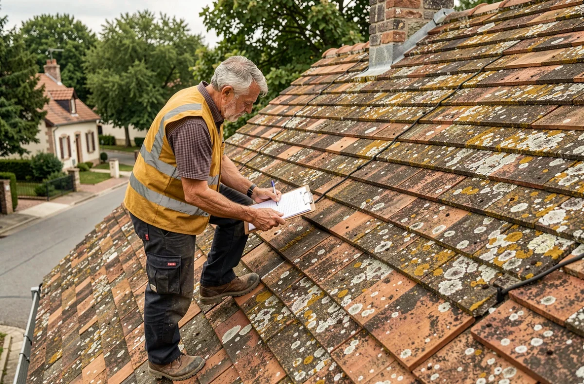 Couvreur de Bourgoin-Jallieu Couverture inspectant l'état d'une toiture en tuiles anciennes dans une maison de Bourgoin-Jallieu