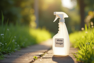 Bouteille de vinaigre blanc sur un chemin de jardin en plein soleil