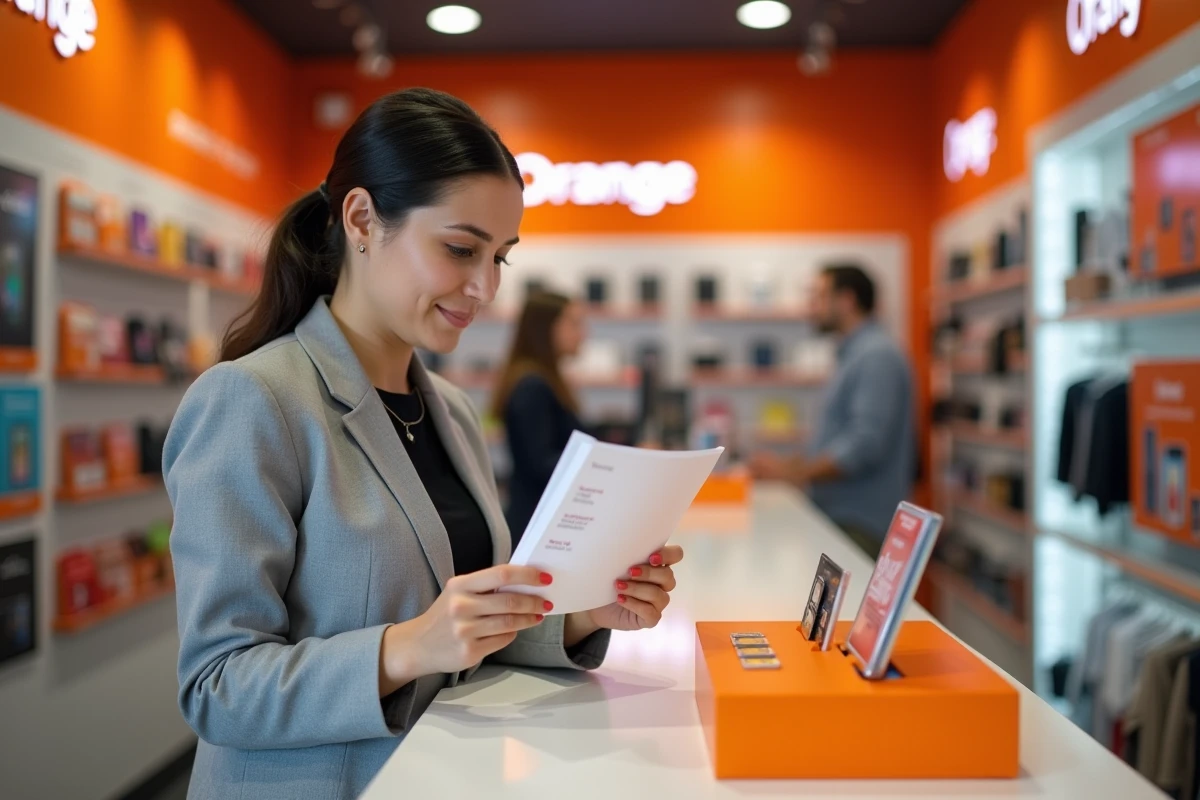 Femme en boutique Orange comparant les frais d'une carte SIM avec la liste de prix affichée au comptoir
