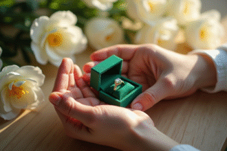 Main tenant une petite boîte cadeau avec une bague en émeraude pour un anniversaire
