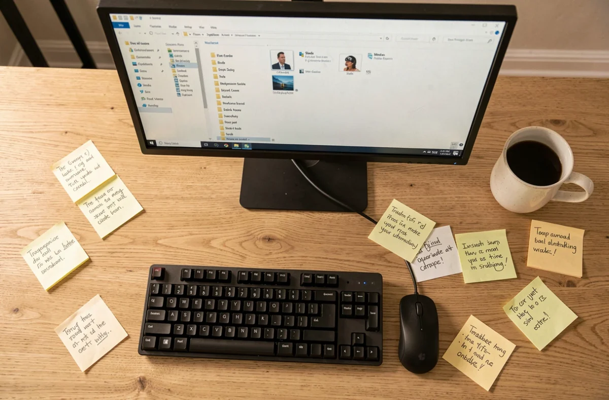 Bureau d'ordinateur avec dossier de mods Sims 4 ouvert et notes de dépannage manuscrites pour résoudre un problème WickedWhims