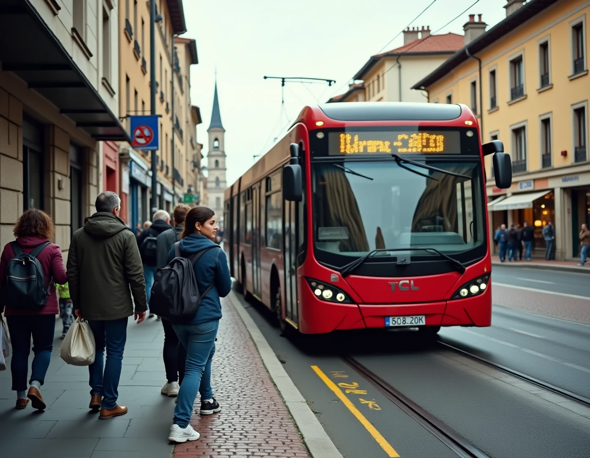 Bus TCL arrivant à un arrêt animé de la Presqu'île à Lyon avec des passagers en attente