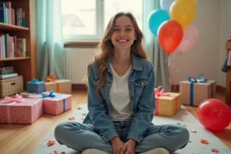 Adolescente de 16 ans entourée de cadeaux d'anniversaire colorés dans sa chambre