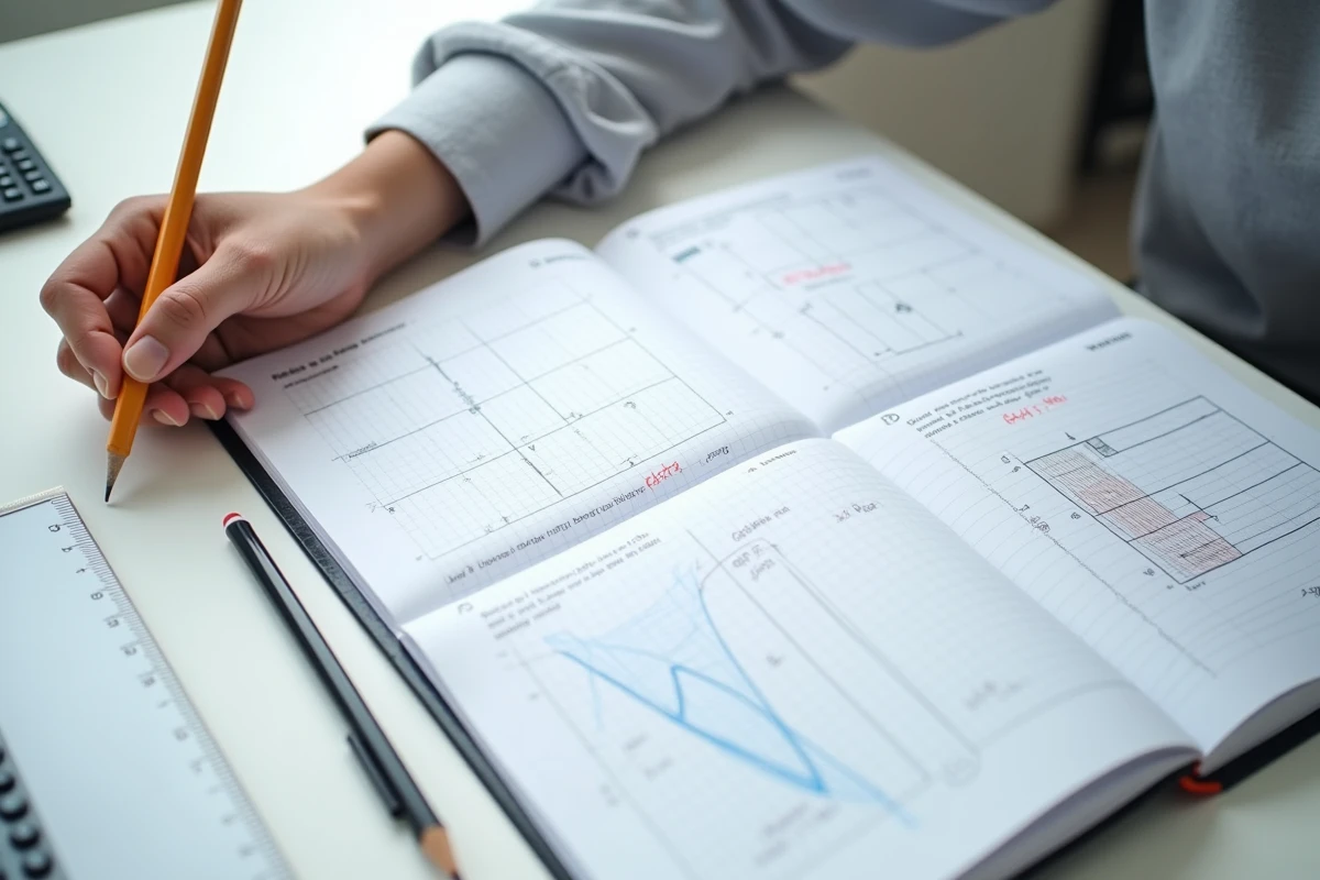 Gros plan d'un cahier de physique ouvert avec des exercices de champ électrique annotés à la main, une calculatrice scientifique et une règle sur un bureau étudiant