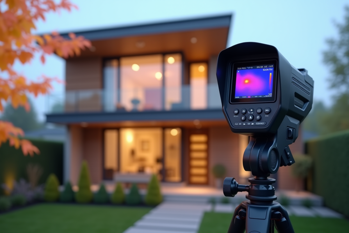 Caméra thermique sur trépied face à une maison contemporaine