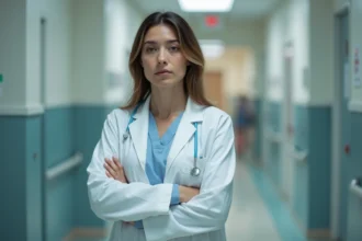 Médecin femme en blouse blanche dans un couloir d'hôpital, regard pensif évoquant la vulnérabilité émotionnelle