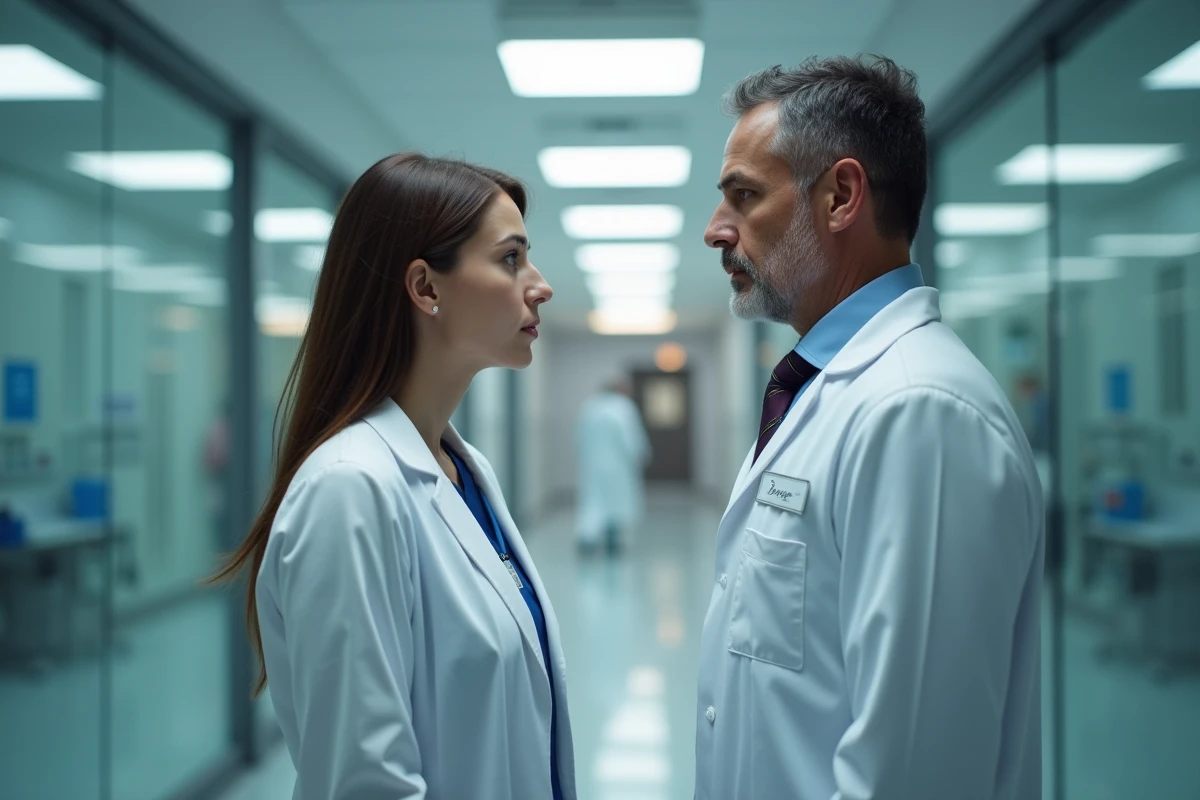 Deux médecins face à face dans une salle de conférence d'hôpital, échange tendu illustrant la dynamique de vulnérabilité relationnelle