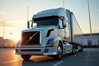 Camion de 26 tonnes moderne au design épuré lors de l'heure dorée