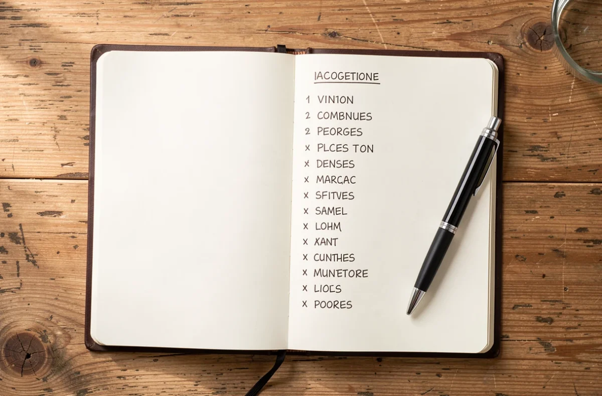Carnet ouvert avec une liste de mots et un stylo sur un bureau