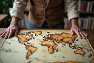 Homme étudiant une grande carte du monde vintage sur une table en bois, illustrant le classement des plus grands pays