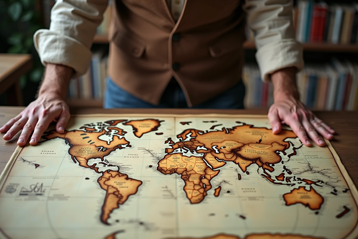 Homme étudiant une grande carte du monde vintage sur une table en bois, illustrant le classement des plus grands pays