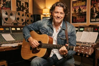 Chanteur américain des années 70 80 dans un studio d'enregistrement vintage avec guitare acoustique et console analogique