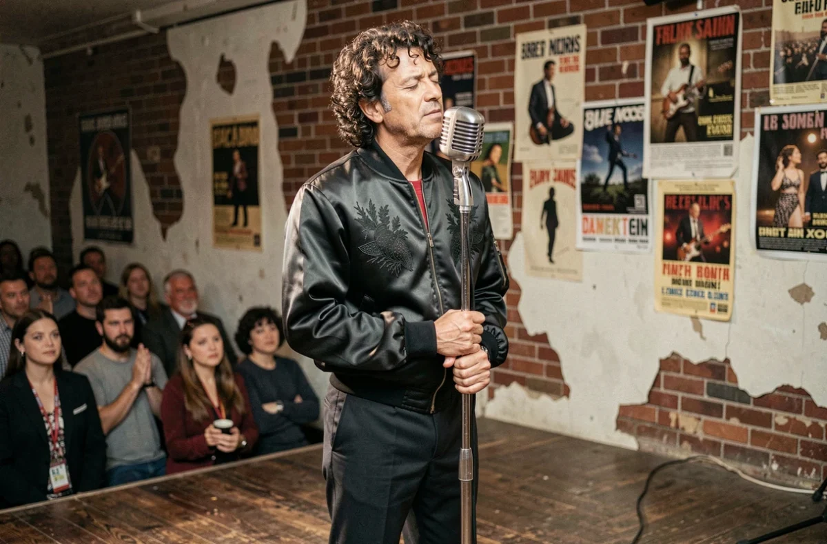 Chanteur américain sur scène dans un club vintage des années 70 80 avec micro et ambiance authentique