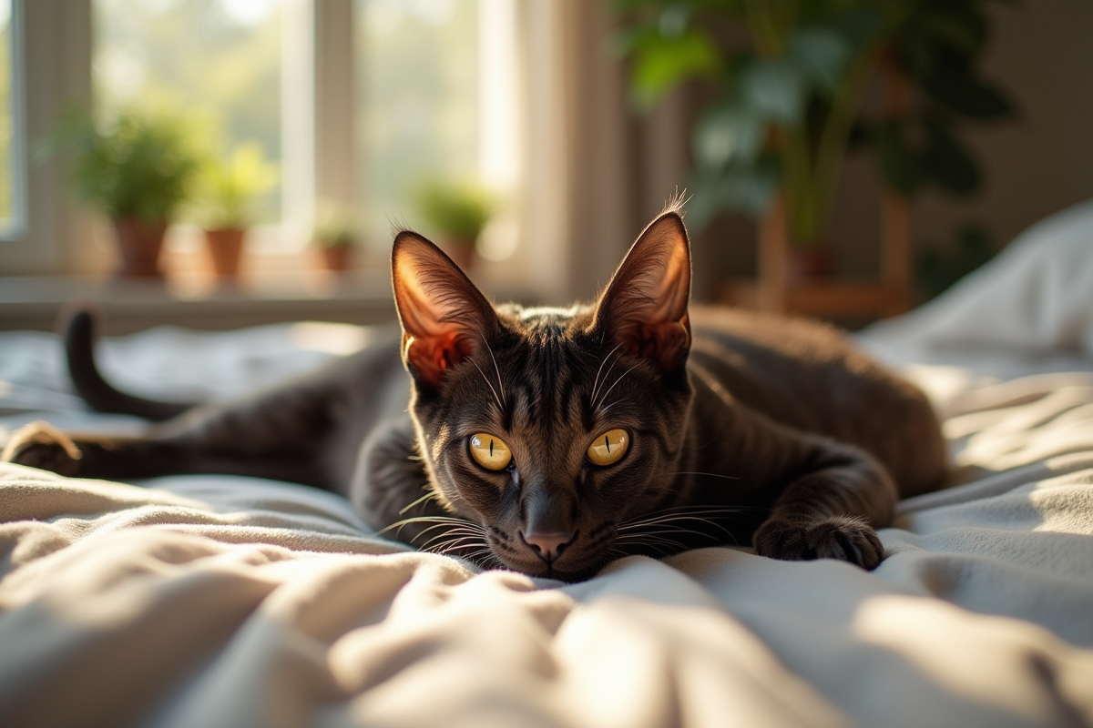 Chat bengal noir étiré sur un lit ensoleille avec jouets