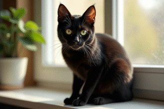 Chat bengal noir sur une fenêtre ensoleillée avec intérieur moderne