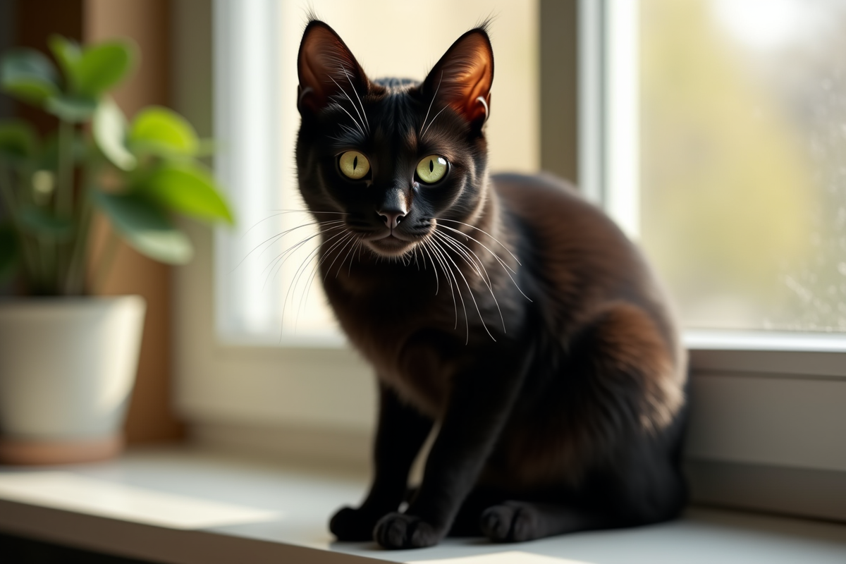 Chat bengal noir sur une fenêtre ensoleillée avec intérieur moderne