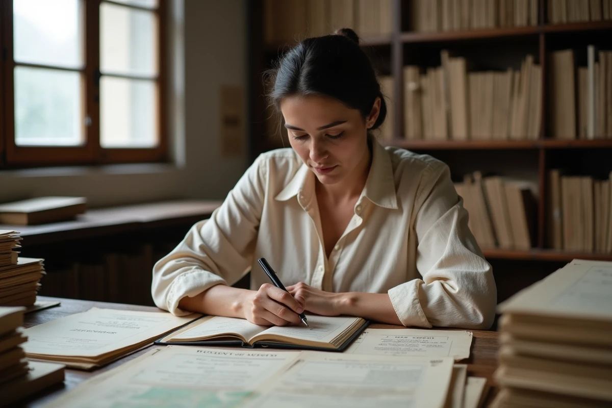 Femme chercheuse consultant des documents de recensement historiques sur l'origine du patronyme Delogu dans une salle d'archives régionale italienne