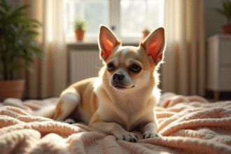 Chihuahua âgé relaxant sur un plaid dans un salon lumineux