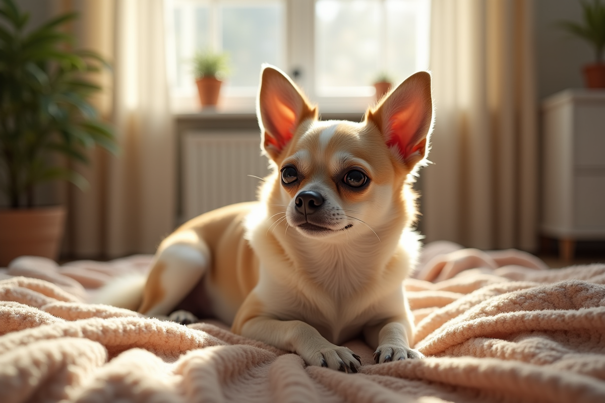 Chihuahua âgé relaxant sur un plaid dans un salon lumineux
