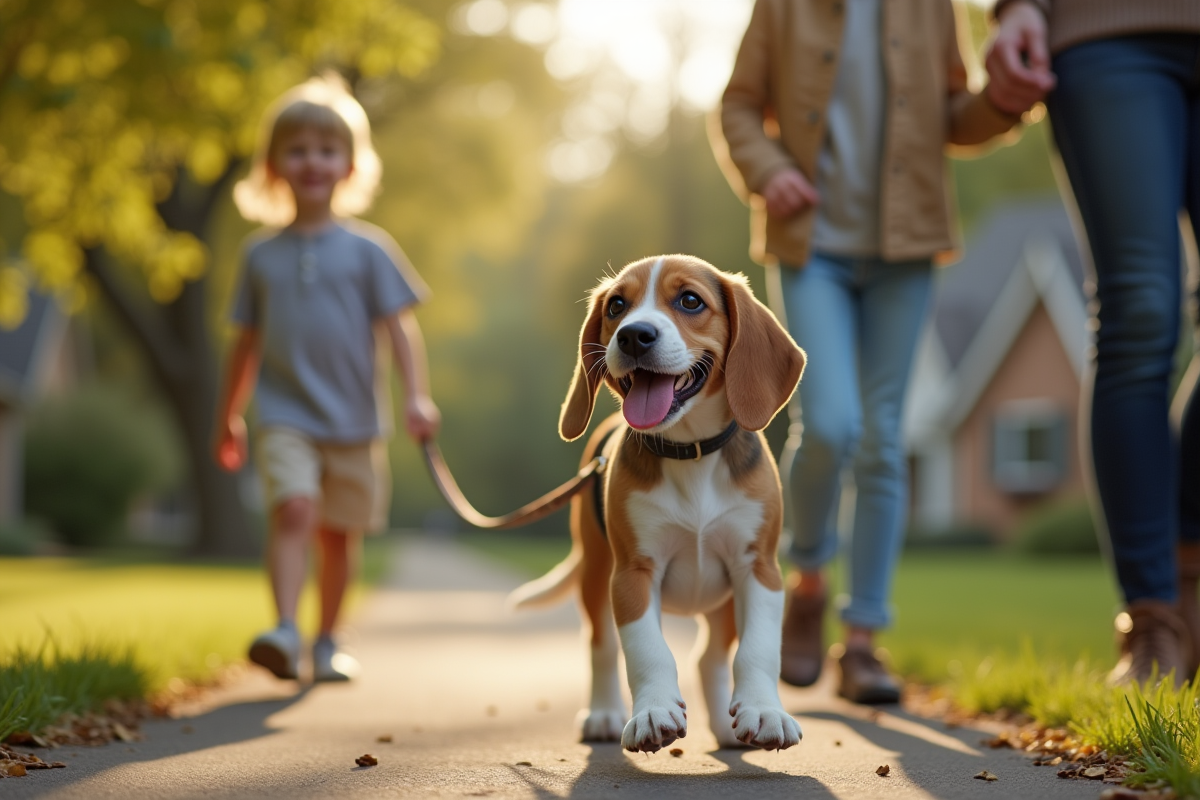Chiot beagle rencontrant un enfant et un adulte lors d une promenade