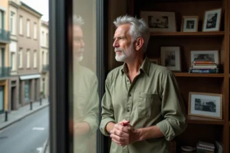 Portrait d'un homme mature aux cheveux grisonnants dans un appartement cultivé avec bibliothèque et vue sur rue européenne